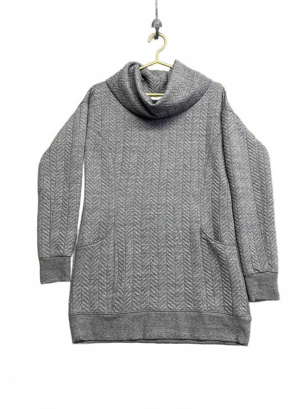 Vintage Y2K Women's Grey Knit Sweater Dress with Cowl Neck and Pockets Size S